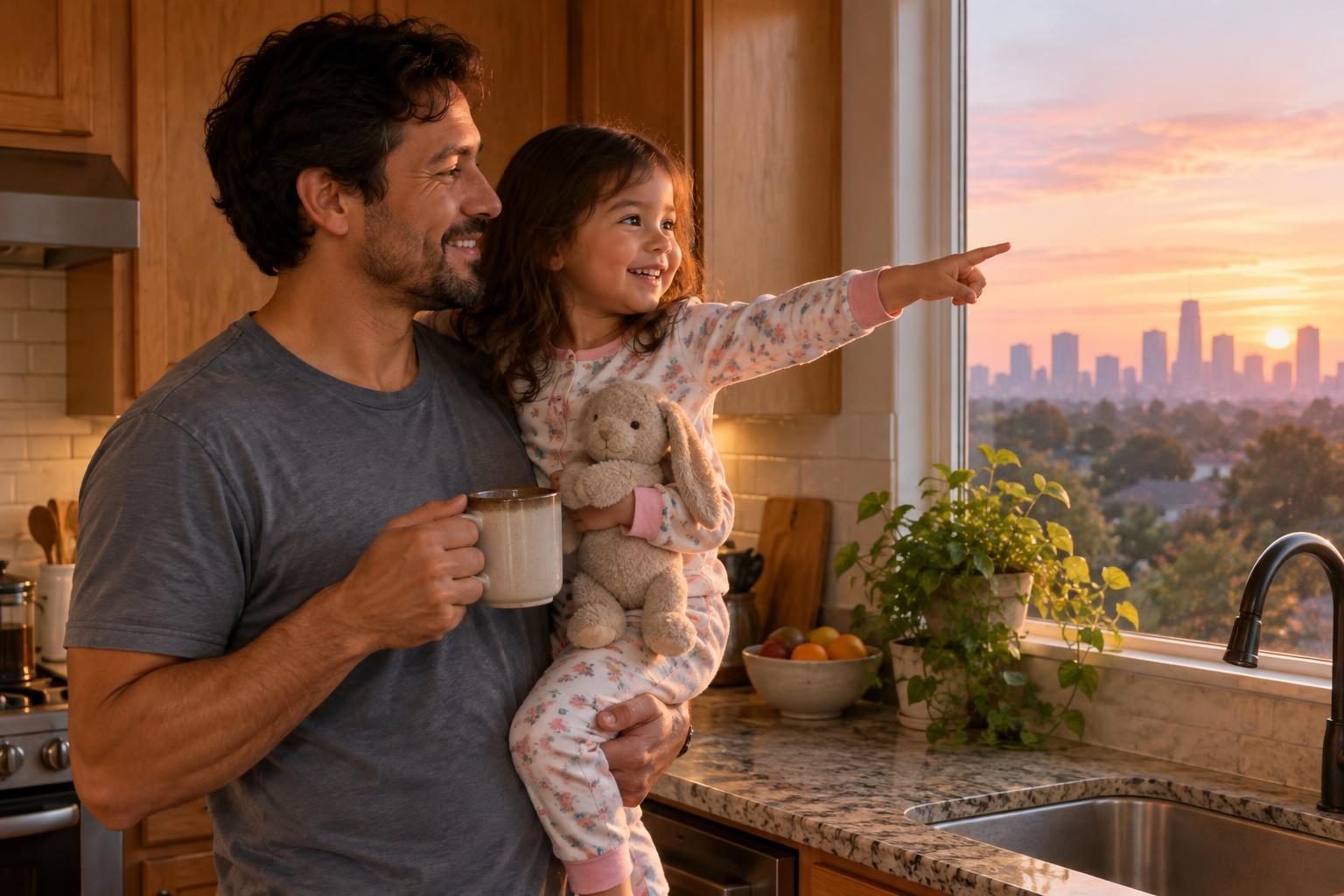 Illustration: A cozy, realistic early-morning scene in a Houston family kitchen: a dad in a faded T-shirt holds a mug of coffee while his wide-awake preschool daughter in pajamas points out the window at the pale pink sunrise, a stuffed bunny tucked under her arm