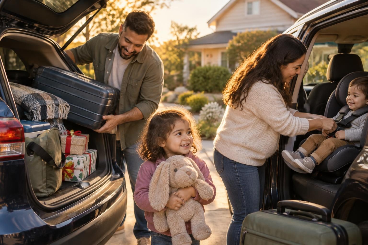 Illustration: A young family loading a car for a holiday road trip in a suburban driveway at golden hour, a toddler holding a stuffed animal, a parent buckling a car seat, wrapped gifts in the trunk