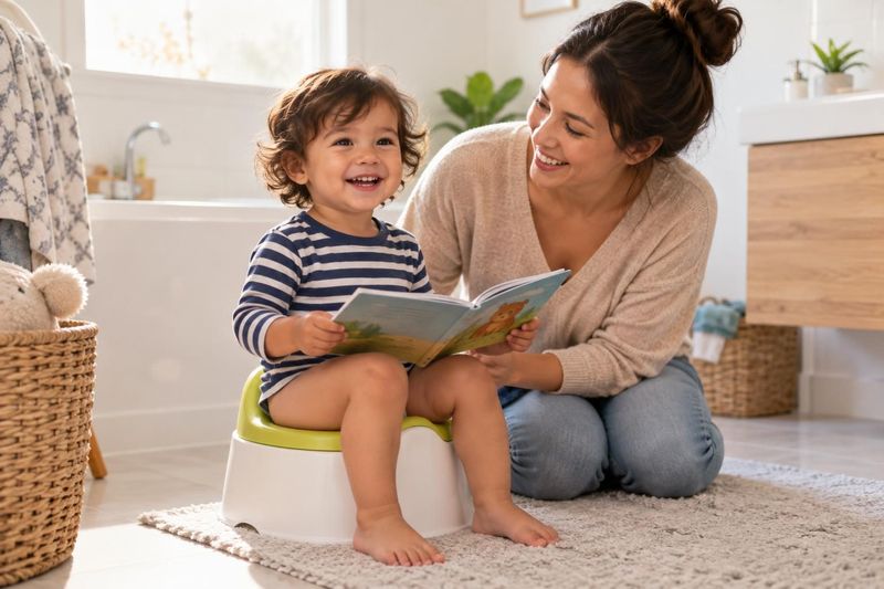 Illustration: A happy toddler in a striped shirt sitting on a small colorful potty in a bright, tidy bathroom, holding a picture book, a smiling mom kneeling beside them, soft morning light