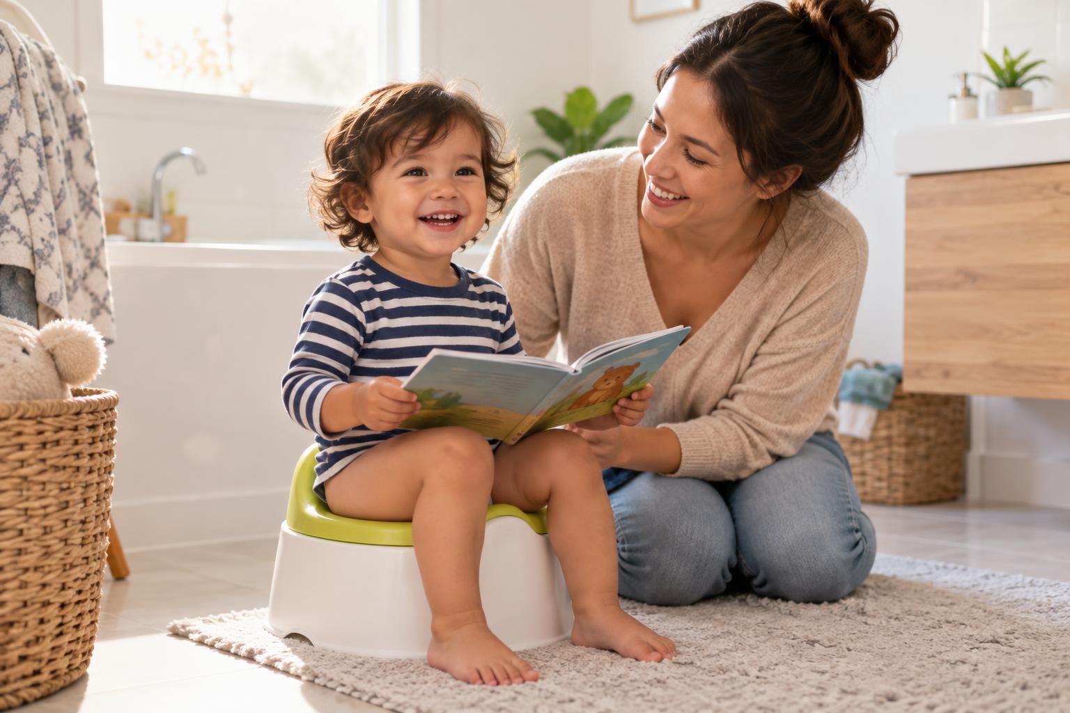 Illustration: A happy toddler in a striped shirt sitting on a small colorful potty in a bright, tidy bathroom, holding a picture book, a smiling mom kneeling beside them, soft morning light