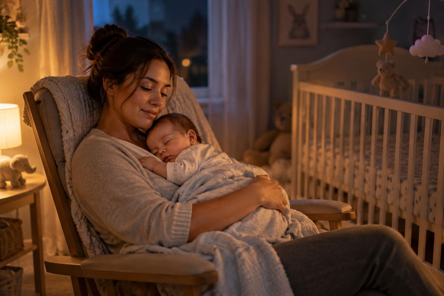 Illustration: A tired but tender mom gently rocking a sleepy baby in a dim, cozy nursery at night, a soft lamp glow, a crib and a rocking chair, calm and peaceful mood