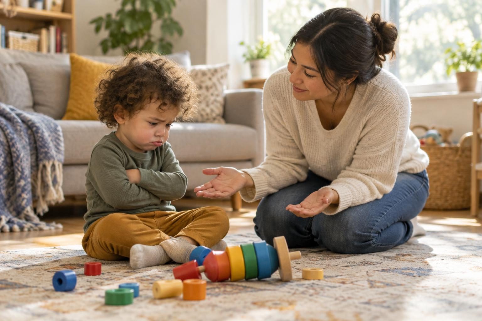 Illustration: A frustrated toddler with a pout sitting on a living room rug next to a toppled toy tower, a calm mom kneeling at eye level with open arms, soft afternoon light through the window, tender and reassuring mood