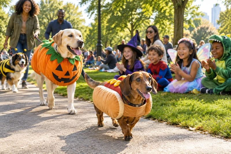 Illustration: A city park lawn with a costumed dog parade: a dachshund dressed as a hot dog, a lab in a pumpkin costume, kids in costumes cheering along the path