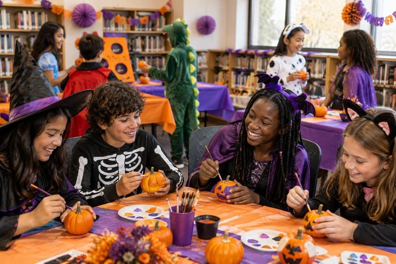 Illustration: Tweens (ages 10–14) in fun costumes playing a Halloween game and decorating mini pumpkins at tables in a public library meeting room with orange and purple decorations