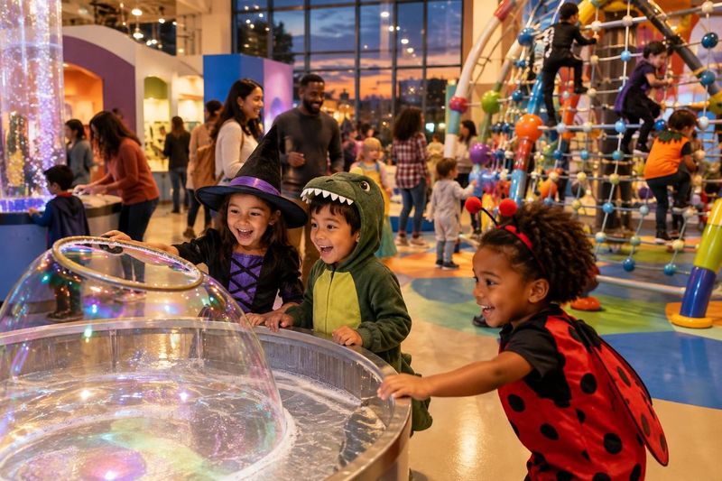 Illustration: Excited kids in Halloween costumes exploring a colorful hands-on children's museum in the evening: a giant bubble station and climbing structure, families everywhere
