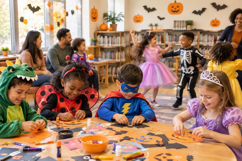 Illustration: Young kids (ages 4–8) in cute costumes (dinosaur, ladybug, superhero, princess) doing a Halloween craft and dancing at a library party with paper bats and pumpkins on the walls