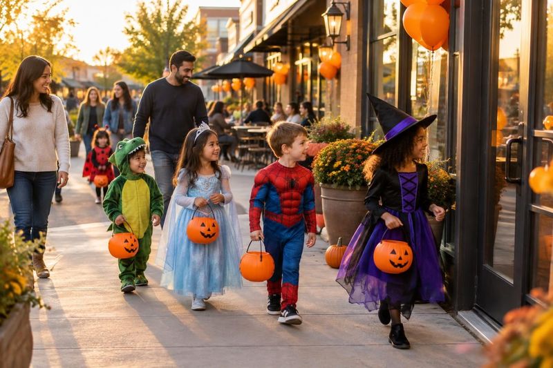 Illustration: Little kids in costumes with pumpkin buckets trick-or-treating along an outdoor shopping plaza with shops and restaurants, orange balloons marking the doors, parents nearby, late afternoon golden light