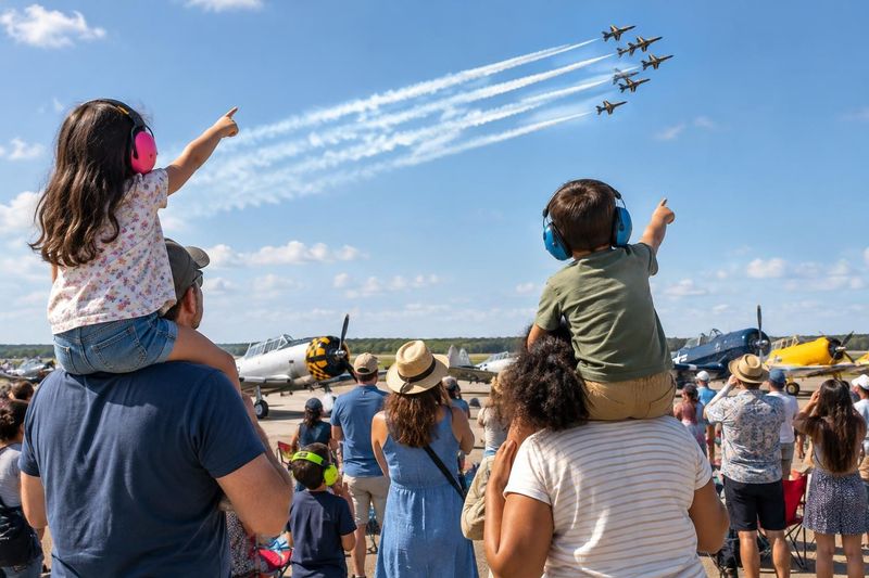 Illustration: Kids wearing ear-protection headphones sitting on a parent's shoulders, pointing up at jets flying in formation trailing smoke over an airfield