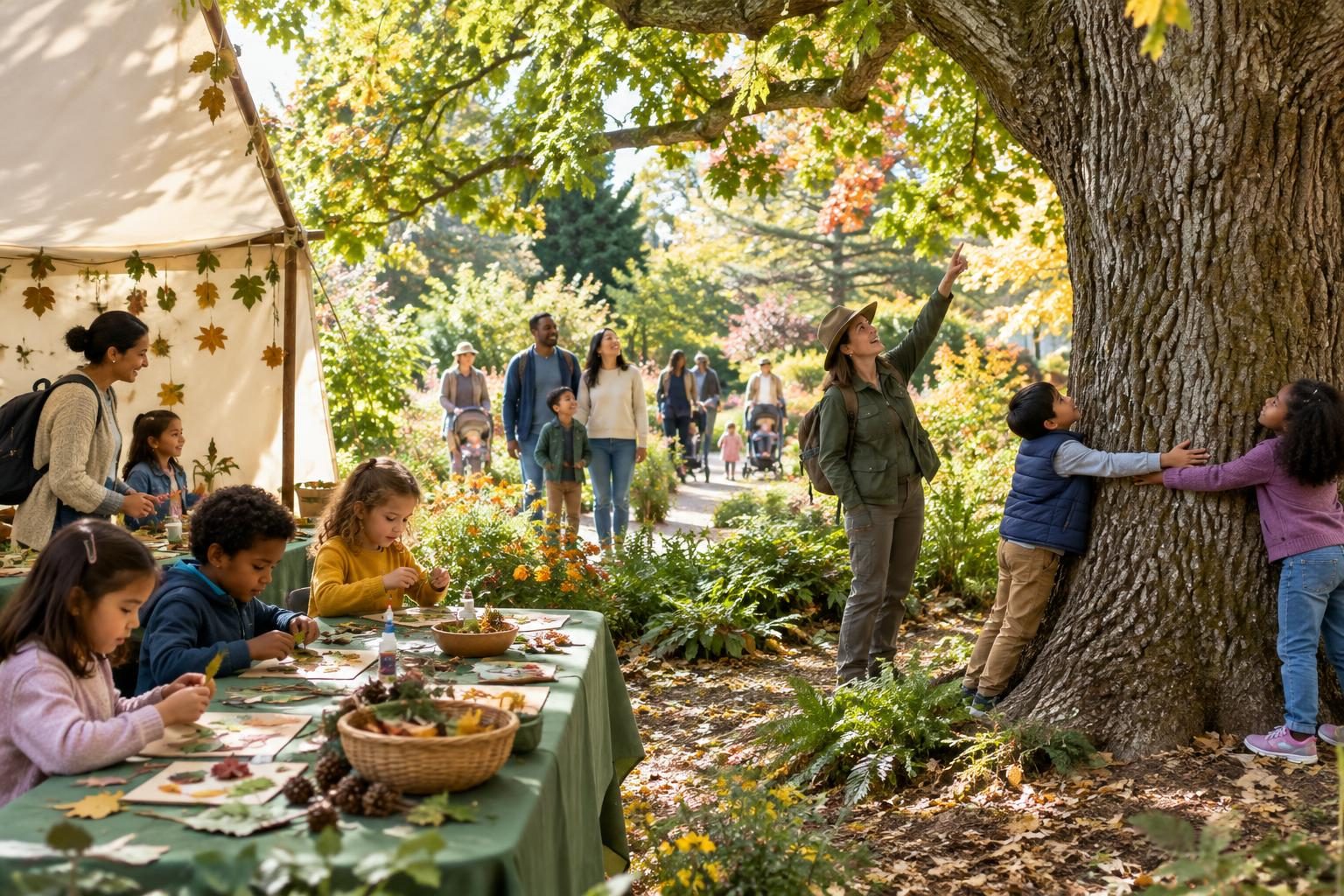 Illustration: A kids' craft tent in a botanic garden: children making tree crafts and hugging a big oak tree, a guide pointing up at the branches, families on a garden path