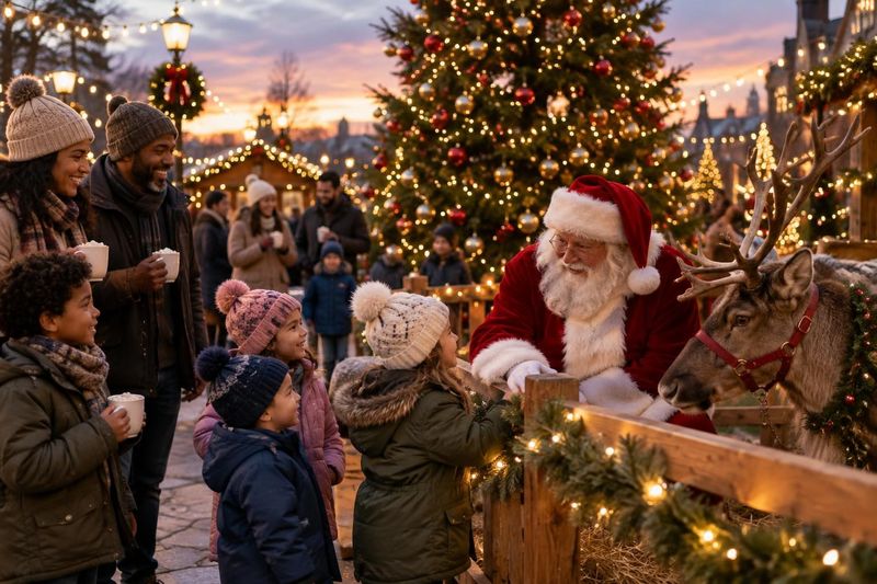Illustration: An outdoor plaza at dusk with a giant decorated Christmas tree and twinkle lights, kids in winter hats meeting a friendly Santa and a reindeer in a small pen, families holding hot cocoa