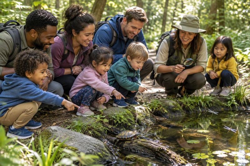 Illustration: Toddlers and preschoolers in sneakers crouch at the edge of a small woodland pond with their grown-ups, pointing at a turtle and dragonflies, a guide with a magnifying glass beside them