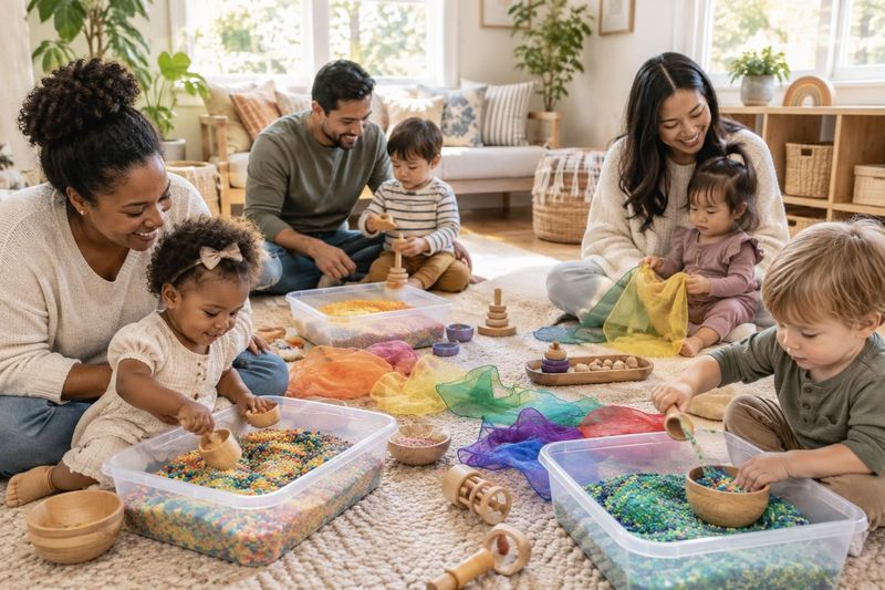 Illustration: A cozy, sunny bungalow playroom with soft neutral decor where toddlers and their grown-ups do a sensory play class: bins of colorful rice, scarves and wooden toys on a rug