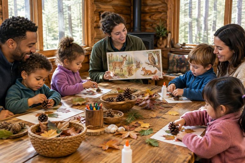Illustration: Inside a rustic log cabin in the woods, preschoolers (ages 3–5) with their parents make leaf and pinecone crafts at a wooden table while a nature educator holds a picture book about animals