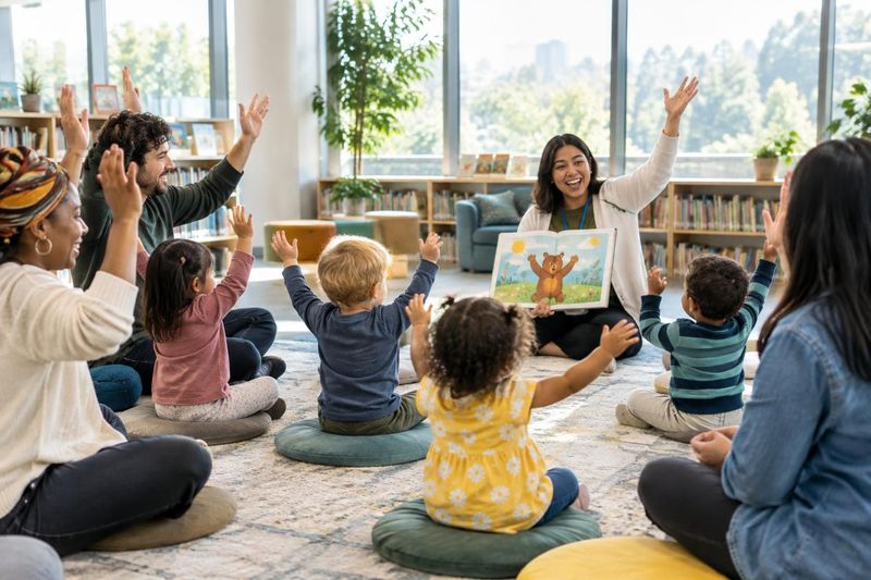 Illustration: Toddlers (18–36 months) and their caregivers doing a movement song with arms up during storytime in a modern, bright library with big windows