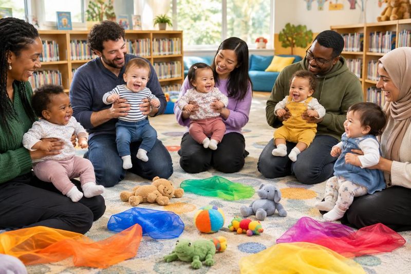 Illustration: Grown-ups bouncing smiling babies (6–15 months) on their knees during a song circle on a soft carpet in a library children's room