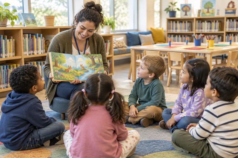 Illustration: A friendly children's librarian sits on a low chair reading a colorful picture book to a small circle of preschoolers (ages 3–6) sitting cross-legged on a carpet in a bright public library children's area