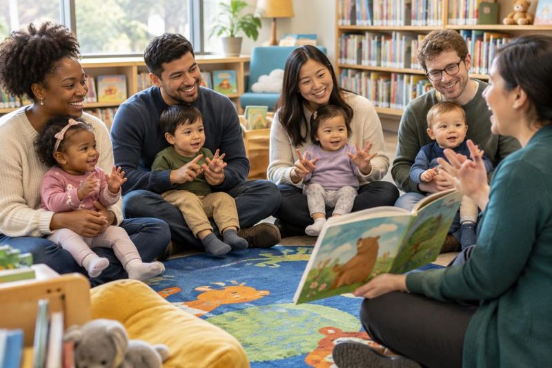 Illustration: Parents sitting on a library carpet with new walkers (about 12–24 months) on their laps, doing finger plays and singing along with a librarian holding a big picture book